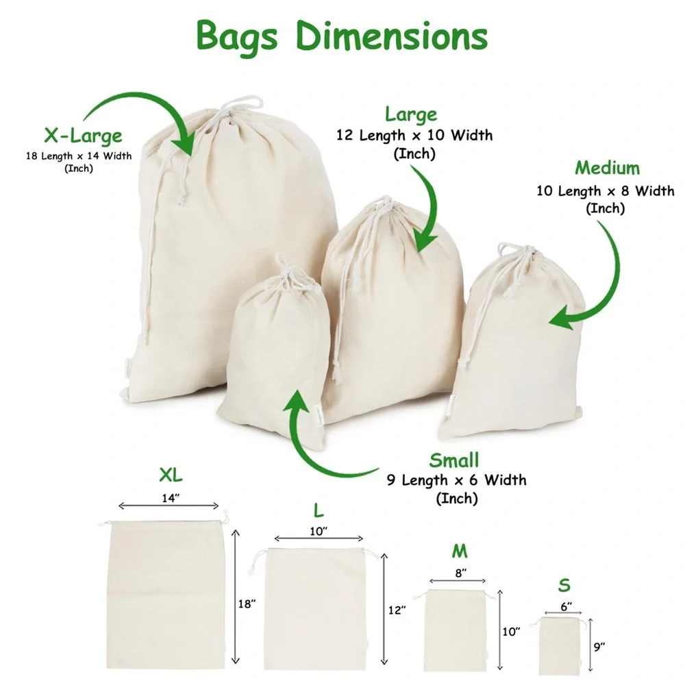 Reusable Cotton Storage Produce Bags With Drawstrings, Muslin Bags
